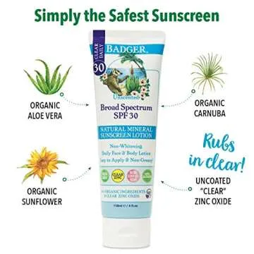 BADGER Unscented SPF30 Natural Mineral Sunscreen Lotion, 4 FZ