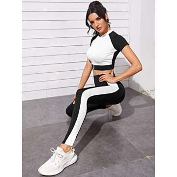 SweatyRocks Women's 2 Pieces Outfits Cropped T Shirt and Long Pants Tracksuits Set Sportwear Black and White Large
