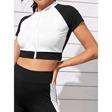 SweatyRocks Women's 2 Pieces Outfits Cropped T Shirt and Long Pants Tracksuits Set Sportwear Black and White Large