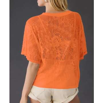 Aimiray Women's Sexy Mesh Tops Short Sleeve Round Neck Lace 3D Printed Floral Sheer Blouse See Throu...