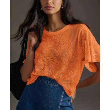 Aimiray Women's Sexy Mesh Tops Short Sleeve Round Neck Lace 3D Printed Floral Sheer Blouse See Through Layering Shirt Tops(Orange-M)