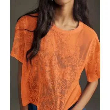 Aimiray Women's Sexy Mesh Tops Short Sleeve Round Neck Lace 3D Printed Floral Sheer Blouse See Through Layering Shirt Tops(Orange-M)
