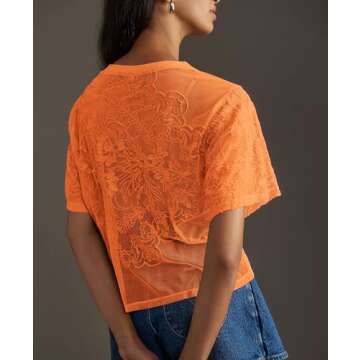 Aimiray Women's Sexy Mesh Tops Short Sleeve Round Neck Lace 3D Printed Floral Sheer Blouse See Through Layering Shirt Tops(Orange-M)