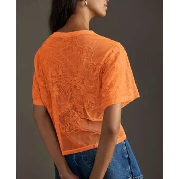 Aimiray Women's Sexy Mesh Tops Short Sleeve Round Neck Lace 3D Printed Floral Sheer Blouse See Through Layering Shirt Tops(Orange-M)