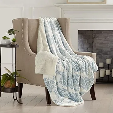 Premium Reversible Sherpa and Fleece Velvet Plush Blanket. Cozy, Soft, and Warm Berber Fleece Bed Blanket. Cielo Collection. (50" x 60" Throw, Toile Blue)
