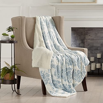 Premium Reversible Sherpa and Fleece Velvet Plush Blanket. Cozy, Soft, and Warm Berber Fleece Bed Blanket. Cielo Collection. (50" x 60" Throw, Toile Blue)