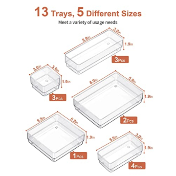 SMARTAKE 13-Piece Drawer Organizer with Non-Slip Silicone Pads, 5-Size Desk Drawer Organizer Trays Storage Tray for Makeup, Jewelries, Utensils in Bedroom Dresser, Office and Kitchen (Clear)