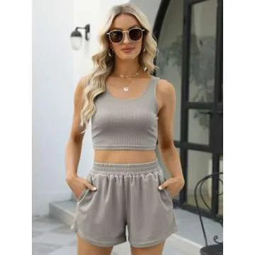 Trendy Queen Two Piece Summer Outfits 2 Piece Sets 2025 Sleeveless Matching Lounge Crop Top High Wai...