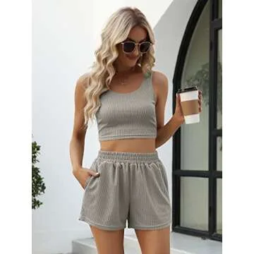 Trendy Queen Two Piece Summer Outfits 2 Piece Sets 2025 Sleeveless Matching Lounge Crop Top High Waisted Short Grey M