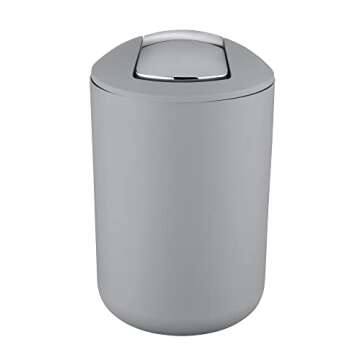 WENKO Small Trash Can with Lid, Garbage Bin with Swing Lid, Bathroom Trash Can, Waste Basket for Small Spaces, Bedroom, Office, Guest Toilet, 1.7 gal, Gray, 7.68 x 7.68 x 12.2 inch