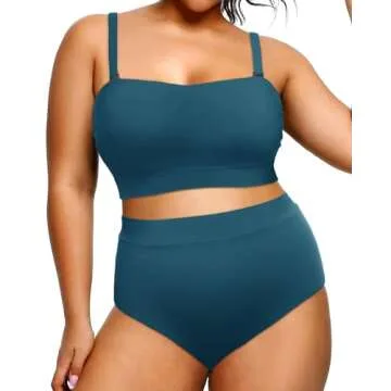 Tempt Me Women Plus Size High Waisted Bikini Bandeau Two Piece Swimsuit Blue Green 12 Plus