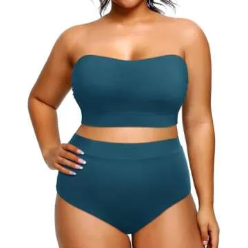 Tempt Me Women Plus Size High Waisted Bikini Bandeau Two Piece Swimsuit Blue Green 12 Plus