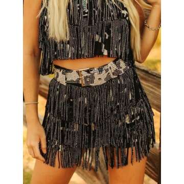 ChiyeeKiss Womens Sparkle Rhinestone Fringe Skirt Elastic Waistband Short Mini Dress with Adjustable and Removable Belt(0002-Cow-S)