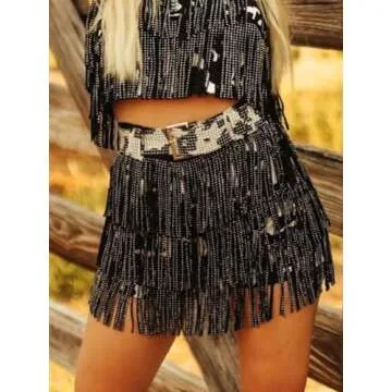 ChiyeeKiss Womens Sparkle Rhinestone Fringe Skirt Elastic Waistband Short Mini Dress with Adjustable and Removable Belt(0002-Cow-S)