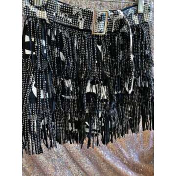 ChiyeeKiss Womens Sparkle Rhinestone Fringe Skirt Elastic Waistband Short Mini Dress with Adjustable and Removable Belt(0002-Cow-S)