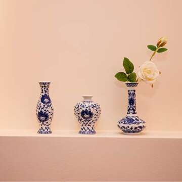 Set of 3 Small Blue & White Porcelain Vases, Fambe Glaze Porcelain Vases Set of 3, Classic Ceramic F...