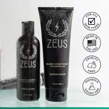ZEUS Beard Wash & Beard Conditioner Set with Green Tea for Men, Soften, Hydrates & Moisturizes - MADE IN USA (Sandalwood)