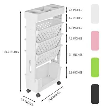 YEMUNY 5 Tier Rolling Utility Cart Multi-Functional Movable Storage Book Shelves with Lockable Caste...