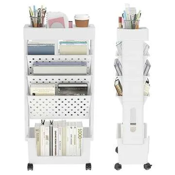 YEMUNY 5 Tier Rolling Utility Cart Multi-Functional Movable Storage Book Shelves with Lockable Casters for Study Office Kitchen Classroom, White