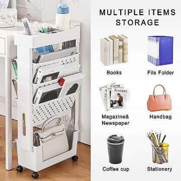 YEMUNY 5 Tier Rolling Utility Cart Multi-Functional Movable Storage Book Shelves with Lockable Casters for Study Office Kitchen Classroom, White