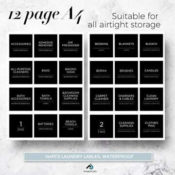 Prefdo Laundry Labels for Jars,144 Minimalist Laundry Room Labels, Waterproof Cleaning Labels for Glass Jars Spray Bottles Linen Containers Laundry Room Bathroom Storage Organization (Black)