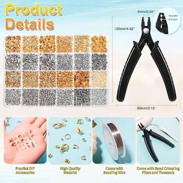 2120 PCS Crimp Beads for Jewelry Making Supplies, Bracelet Clasps and Closures, Golden Silver Crimp Covers & Tubes, Lobster Clasp Crimping Pliers and Beading Wire