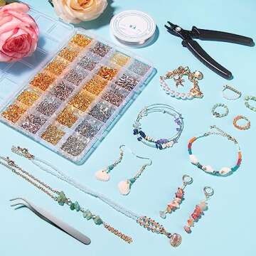 2120 PCS Crimp Beads for Jewelry Making Supplies, Bracelet Clasps and Closures, Golden Silver Crimp Covers & Tubes, Lobster Clasp Crimping Pliers and Beading Wire