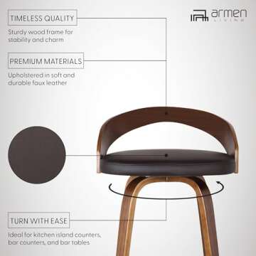 Armen Living Sonia 26" Seat Height Mid Century Modern Swivel Bar Stool for Kitchen Island Counter in Brown Faux Leather and Walnut Wood
