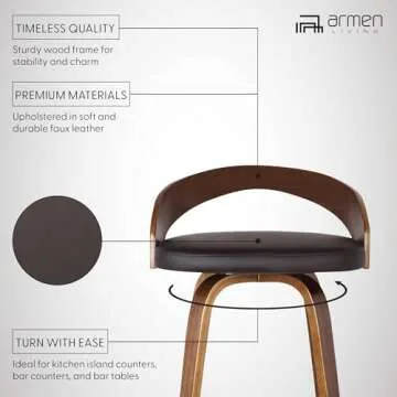 Armen Living Sonia 26" Seat Height Mid Century Modern Swivel Bar Stool for Kitchen Island Counter in Brown Faux Leather and Walnut Wood