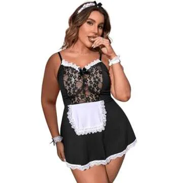 WDIRARA Plus Size Maid Dress 5 Pieces Lingerie Set