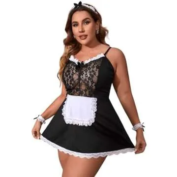WDIRARA Plus Size Maid Dress 5 Pieces Lingerie Set