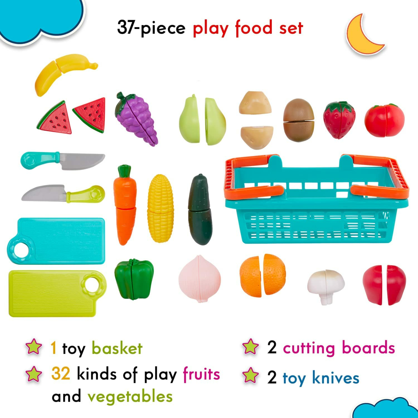 Battat 37 Pcs Play Food Set with Basket & Chopper