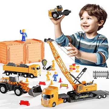 iPlay, iLearn Kids Construction Toys Truck Set, Boys Engineering Vehicle Playset, Crane Transport Trailer, Bulldozer Forklift for Sandbox Site, Birthday Gift for Age 3 4 5 6 Years Old Toddler Children