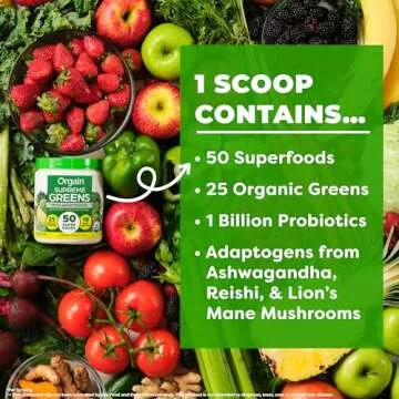 Orgain Supreme Greens Powder with 25 Organic Greens, 50 Superfoods, 1 Billion Probiotics, and Adaptogens, Vegan Greens for Gut Health and Immune Support, 1.5 Servings of Fruit and Veggies, Lemon Twist