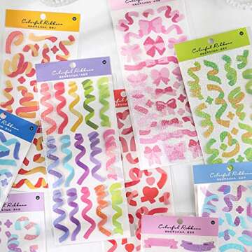 10 Sheets Hyun-chae Ribbon Stickers Self Adhesive Small Stickers for Arts Craft Greeting Cards Photo Card Scrap Books Home Decoration DIY Deco Stickers (Multi)
