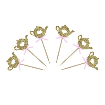 24 PCS Golden Glitter Teapot Cupcake Toppers for Parties