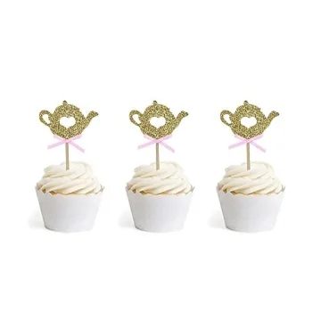24 PCS Golden Glitter Teapot Cupcake Toppers for Parties