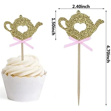 24 PCS Golden Glitter Teapot Cupcake Toppers for Parties