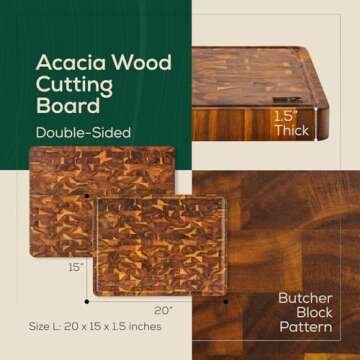 EZ FURNITURE 20 x 15 Inch Large Acacia Wood Cutting Board, End Grain with Juice Groove and Handles, ...