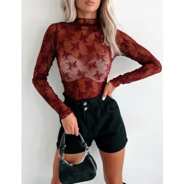 Flygo Sheer Lace Long Sleeve Top for Women Burgundy