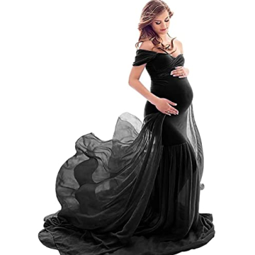 JustVH Maternity Off Shoulder Mermaid Chiffon Gown V Neck Maxi Photo Shoot Photography Dress for Bab...