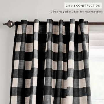 Elrene Home Fashions Farmhouse Living Grainger Buffalo-Check Blackout Window Curtain, Living Room and Bedroom Drape with Rod Pocket Tabs, 52" x 95", Black, 1 Panel