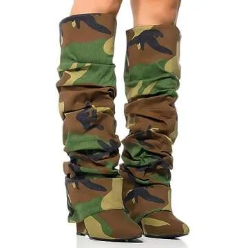 Yishaweiqi Camouflage Slouched Ruched Fold Over Boots for Women Covered Wedge Heel Knee High Boots W...