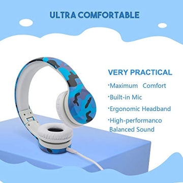 YUSONIC Kids Headphones with Cord, Toddler Headphones with Sharing Function, 85dB/93dB Safe Volume Limit, for Toddler Children Baby Boys Girls On-line Study, School, Travel use (camo Blue)