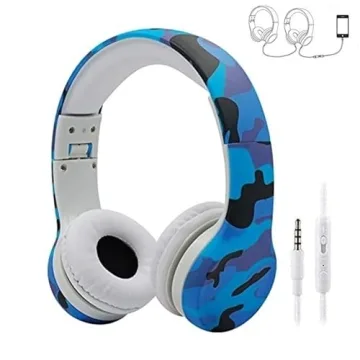 YUSONIC Kids Headphones with Cord, Toddler Headphones with Sharing Function, 85dB/93dB Safe Volume Limit, for Toddler Children Baby Boys Girls On-line Study, School, Travel use (camo Blue)
