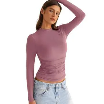 EasyGala Womens Mock Neck Long Sleeve Shirts Ruched Double Lined Top Fit Tight Turtleneck Tee Spring...