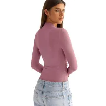 EasyGala Womens Mock Neck Long Sleeve Shirts Ruched Double Lined Top Fit Tight Turtleneck Tee Spring Fall Clothes 2025 Merlot