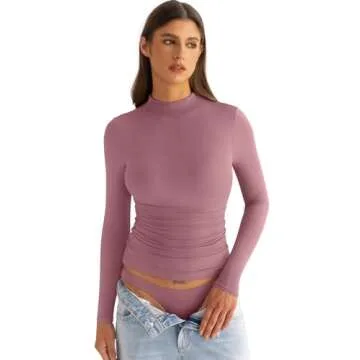 EasyGala Womens Mock Neck Long Sleeve Shirts Ruched Double Lined Top Fit Tight Turtleneck Tee Spring Fall Clothes 2025 Merlot