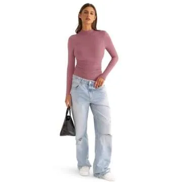 EasyGala Womens Mock Neck Long Sleeve Shirts Ruched Double Lined Top Fit Tight Turtleneck Tee Spring Fall Clothes 2025 Merlot