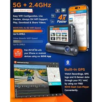 ROVE R3 Dash Cam Front and Rear with Cabin, 3” IPS Touch Screen, 3 Channel Dash Cam 1440P+1080P+1080P Car Camera with IR Night Vision, 5G WiFi, GPS, Supercapacitor, Supports up to 512GB Max